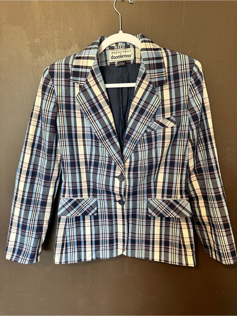 Donnkenny Separates Plaid Blazer Size 8 Blue Navy Cream Tailored Jacket